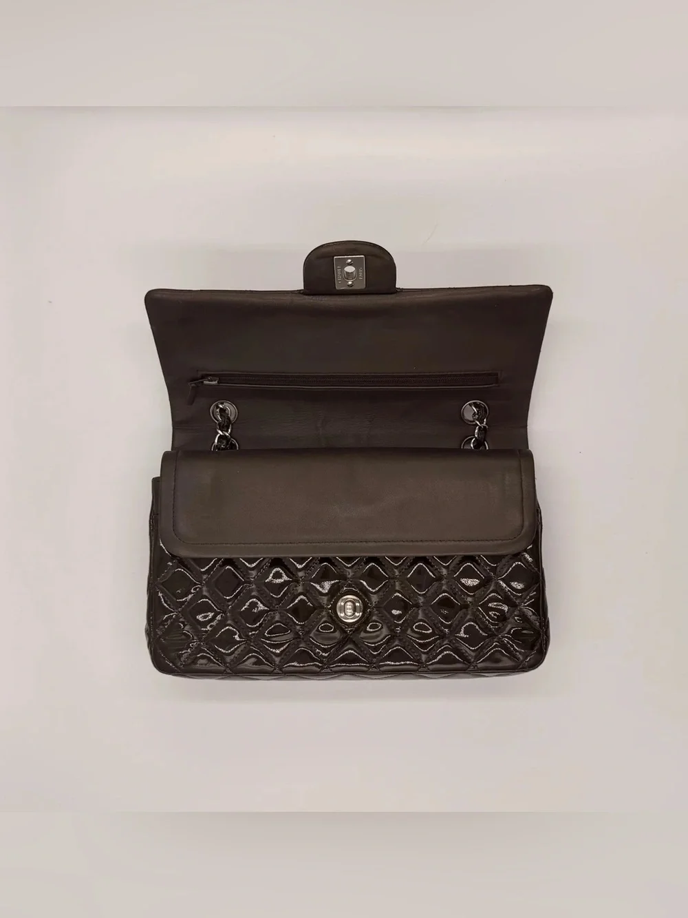 Chanel Classic Medium Double Flap — Dark Brown Patent Silver HW